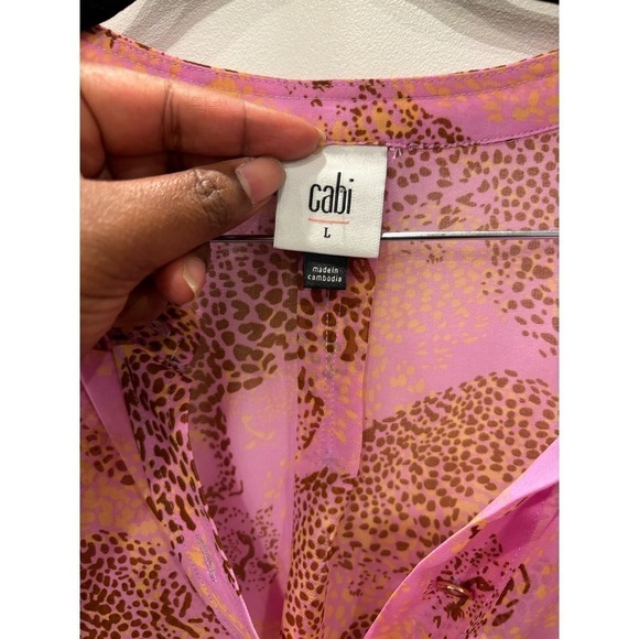 Cabi Sheer Pink Cheetah Print Long Sleeve Button Down Blouse Top Size L - Picture 3 of 6